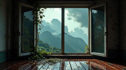 Serene Mountain Vista Through an Aged Windowpane in a Forgotten Room