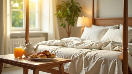Morning serenity sunlit bedroom with cozy bedding, breakfast pastries, and a refreshing beverage on a side table