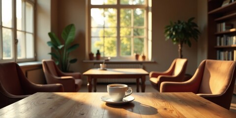 Serene morning sunlight illuminates a wooden table where a cup of coffee sits, surrounded by comfortable armchairs in a tranquil reading room setting.