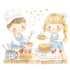 a boy and a girl making pancakes, joyful breakfast moment, pastel-colored illustration, isolated on white background