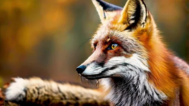 a fox , with  its head  turned to the side, looking off to the right.