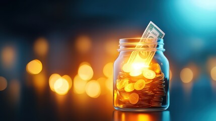 A glowing 3D icon of a money-saving jar with coins and bills inside.
