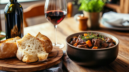 A rich and colorful stew filled with hearty vegetables and legumes is served with crusty fresh bread, surrounded by wine, herbs, and spices on a rustic table.