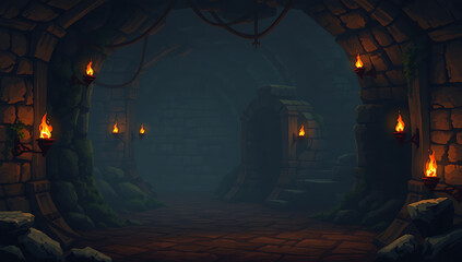 Fototapeta premium A pixel art dungeon environment with moss-covered walls, flickering torches, and ominous shadows. Ideal for roguelike or RPG games. 