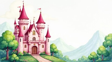 A Majestic Pink Castle on a Hilltop, Surrounded by Lush Greenery and Serene Mountains, Offers a Whimsical and Enchanting Scene