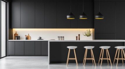 A luxurious clean kitchen with quartz countertops, elegant pendant lights, and stylish bar stools.