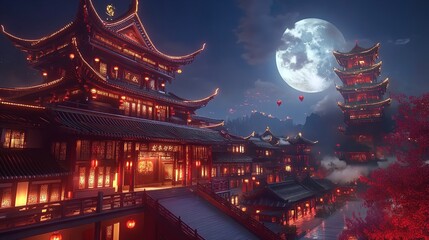 A Beautifully Decorated Chinese Temple Glowing Under the Night Sky