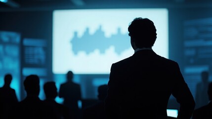 A manager presents their thoughts to the group, standing confidently beside the presentation screen.