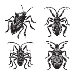 4 Set of Black Wheel Bug Silhouettes Isolated on White Background