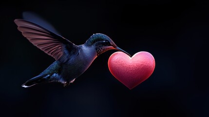 Fototapeta premium A hummingbird gracefully holds a heart, symbolizing love and beauty in nature.