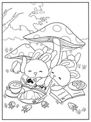 whimsical, nature-themed children's coloring book, cute bunnies having a picnic under large mushrooms.