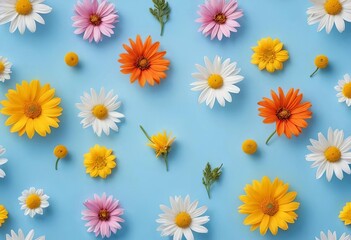 Obraz premium A close-up of vibrant, colorful summer flowers on a blue background