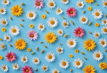 Obraz premium A close-up of vibrant, colorful summer flowers on a blue background
