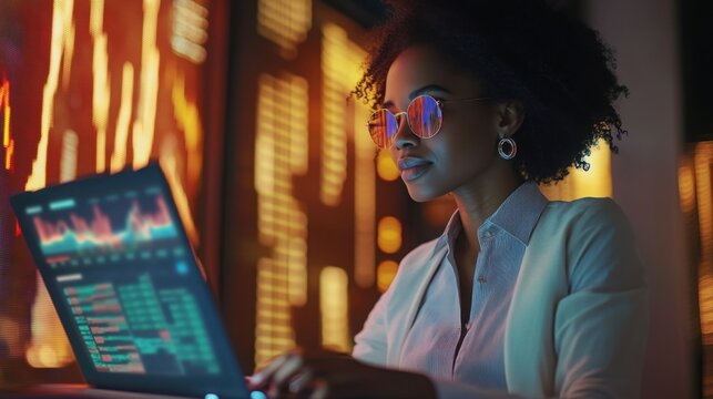 African-American woman working remotely, studying business data on her laptop and writing notes.