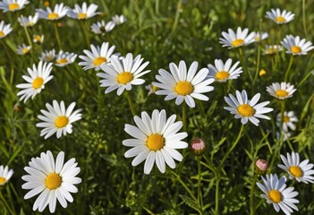 Fototapeta premium A close-up of a bunch of daisies in a green meadow with the sun shining down on them