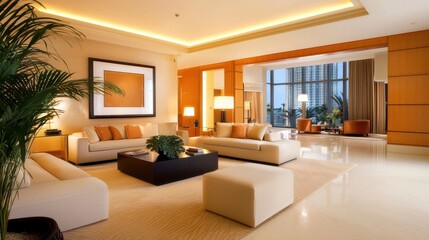 Elegant luxury apartment living room with designer furniture and modern decor.