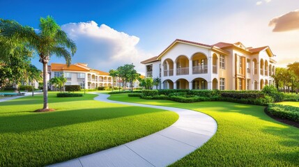 Obraz premium Exterior view of a luxury apartment complex with elegant architecture and lush landscaping.