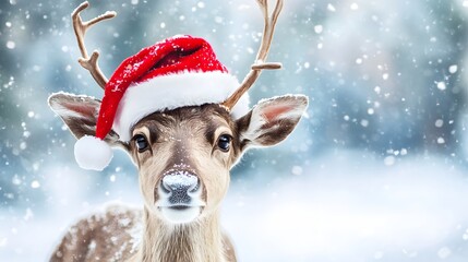Reindeer wearing a Santa hat in snowy winter