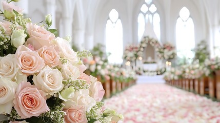 Elegant Wedding Ceremony Decorated with Beautiful Roses and Soft Floral Arrangements