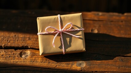 A small gift wrapped in rustic brown paper tied with a red and white baker's twine bow rests on a weathered wooden surface
