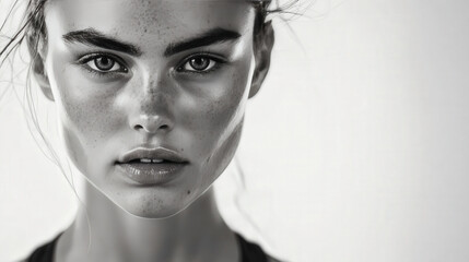 Fototapeta premium Close-up Portrait of a Young Woman with Freckles and Striking Eyes in Black and White, Emphasizing Natural Beauty and Raw Emotion