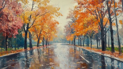 A distant view of an empty street lined with autumn trees, their vibrant colors enhanced by the rain. The wet road reflects the soft pastel light of the sky, creating a dreamy, tranquil mood. The rain