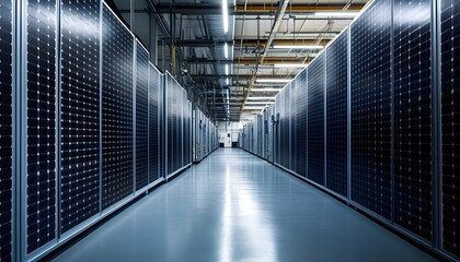 Obraz premium Modern Solar Panel Factory Interior: Rows of Photovoltaic Cells for Clean Energy Production