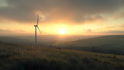 Obraz premium Sunrise over Rolling Hills with Wind Turbine