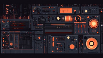 Fototapeta premium Futuristic music studio control panel with various instruments and sound mixers.