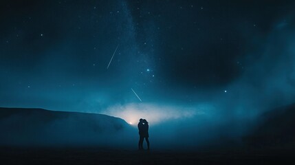 Silhouetted couple kissing under a night sky with shooting stars and fog.