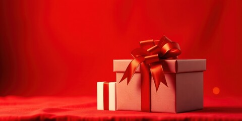 Obraz premium A Festive Pair of Presents with a Red Ribbon Bow on a Red Background
