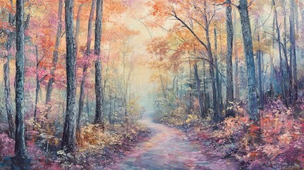 A forest path, where the leaves are coated in a layer of rain, their vibrant colors muted by the soft pastel light filtering through the trees. The rain continues to fall lightly, creating a rhythmic 