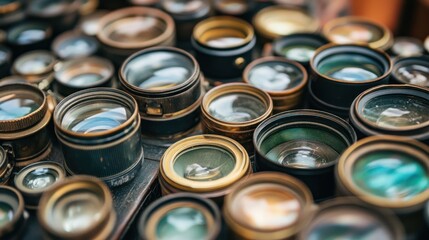 A close-up shot of numerous vintage camera lenses, showcasing their aged brass and dark metal components, arranged in a cluttered pile.