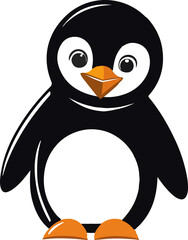 A minimalist black-and-white penguin vector illustration with smooth, clean lines, featuring a rounded body, sleek flippers, a distinct white belly, a curved beak, and no background for versatile use.