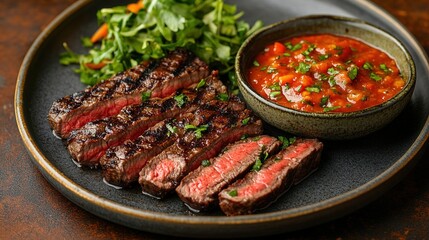 Grilled beef steak with herb and spices. Portion of fried meat cuts with rosemary, garlic, olive oil and ketchup sauce