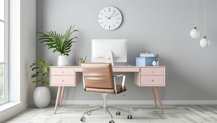 Modern Home Office Desk with Pink Desk and Brown Leather Chair