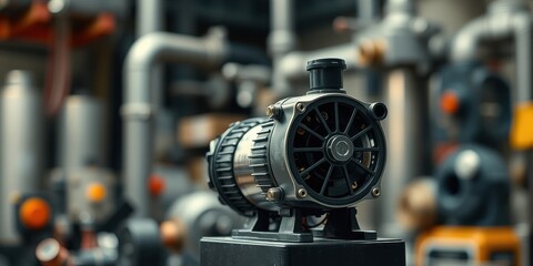 Close-up view of a powerful industrial water pump, showcasing its intricate design and robust construction against a blurred background of industrial pipes and machinery.
