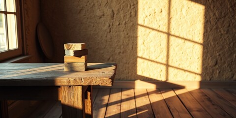 Rustic wooden table with a stack of wood samples bathed in sunlight