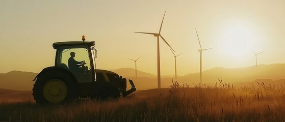 Fototapeta premium A tractor silhouetted against a sunset with wind turbines in the background, representing sustainable farming and renewable energy.