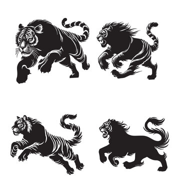 4 Set of Black Running Tiger Silhouettes Isolated on White Background"