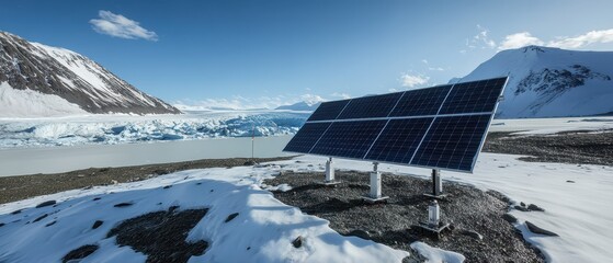 Solar panels stand against a snowy landscape, reflecting renewable energy solutions in a remote, icy environment.