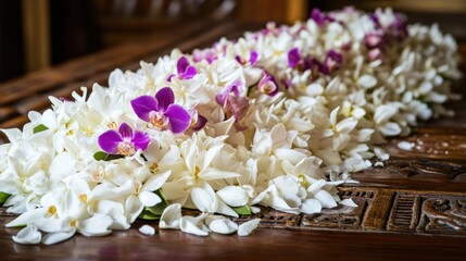 White and Purple Orchids on a Carved Wooden Table
