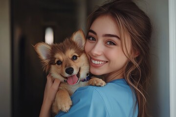 Veterinarian holding a puppy with love and care
