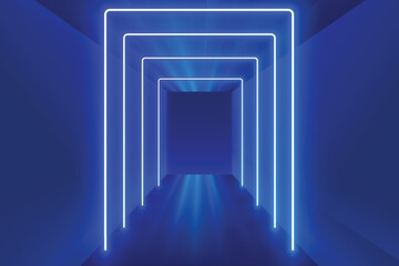 Obraz premium Series Of Neon Lights Illuminating On Blue Background. Design Vector Illustration Concept For Optical Illusion, Spaceship, Teleportation, Futuristic, Virtual Gaming Theme etc.
