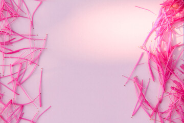 Empty space for writing on pink paper sprinkled with beautiful red flowers