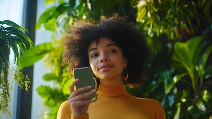 Smiling Black Woman using Smartphone in a Lush Green Garden