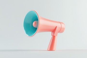 A coral and teal megaphone sits on a white background