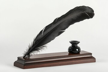 Black Quill Pen Inkwell Wooden Stand Elegant Writing Set