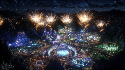 Magical Night Fireworks over Illuminated Cityscape Fantasy Theme Park