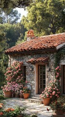 Obraz premium Charming stone cottage with blooming roses in picturesque landscape